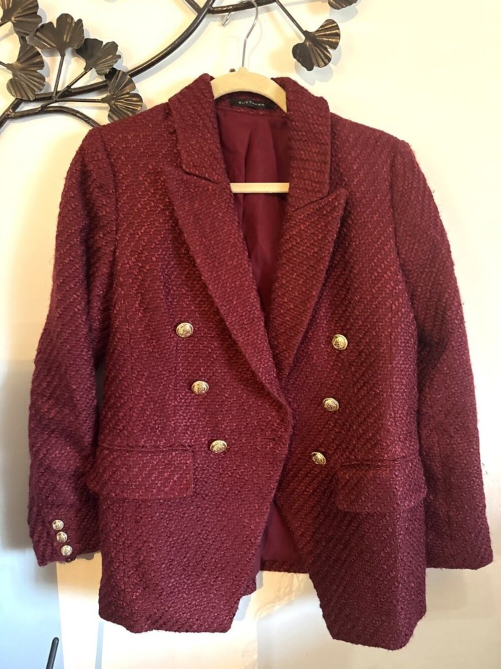 Elie Tahari Tweed Blazer - Burgundy Double-Breasted Gold Buttons - Size 6